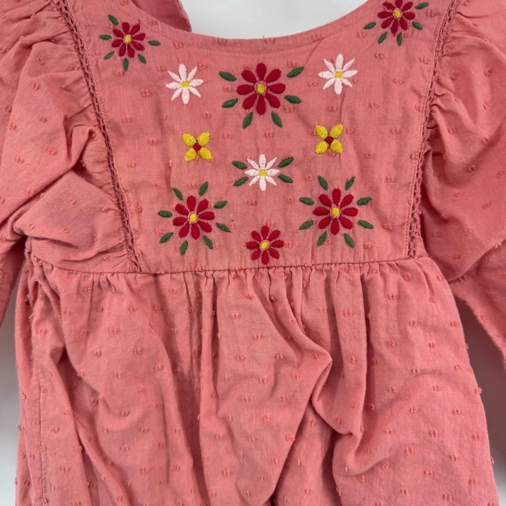 Old‎ Navy Coral Pink Embroidered Flower Dress Toddler Girls Size 2T Long Sleeve